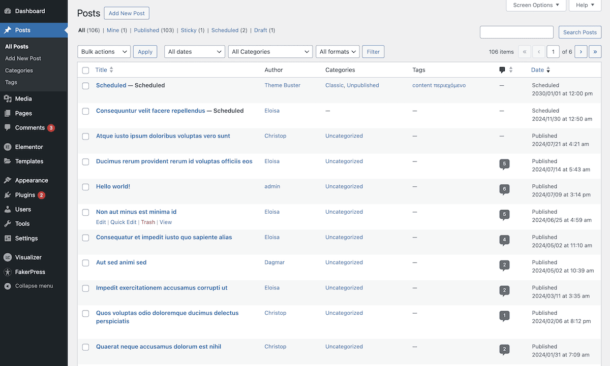 La page des articles du tableau de bord de WordPress affiche une liste de 106 articles avec diverses options de filtrage en haut de la page. Cette interface présente des colonnes pour le titre, l'auteur, les catégories, les tags et la date. La barre latérale gauche contient des éléments de navigation typiques de l'administration de WordPress vers d'autres écrans. Le contenu publié et programmé est inclus dans la liste des articles.