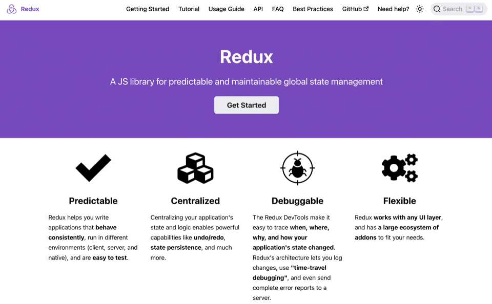 La page d'accueil de Redux, avec une section d'en-tête violette contenant le logo et le titre de Redux, ainsi qu'un slogan et un bouton « Get Started ». En dessous se trouvent quatre sections de fonctionnalités clés avec des icônes. Chaque section comprend un texte descriptif expliquant les capacités de Redux en matière de gestion de l'état des applications, d'outils de débogage et de compatibilité avec l'écosystème. La barre de navigation supérieure contient des liens vers d'autres pages du site et une fonction de recherche.