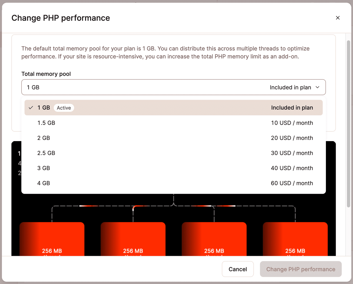 Captura de tela mostrando a escolha de um novo tamanho para o pool de memória PHP de um site.