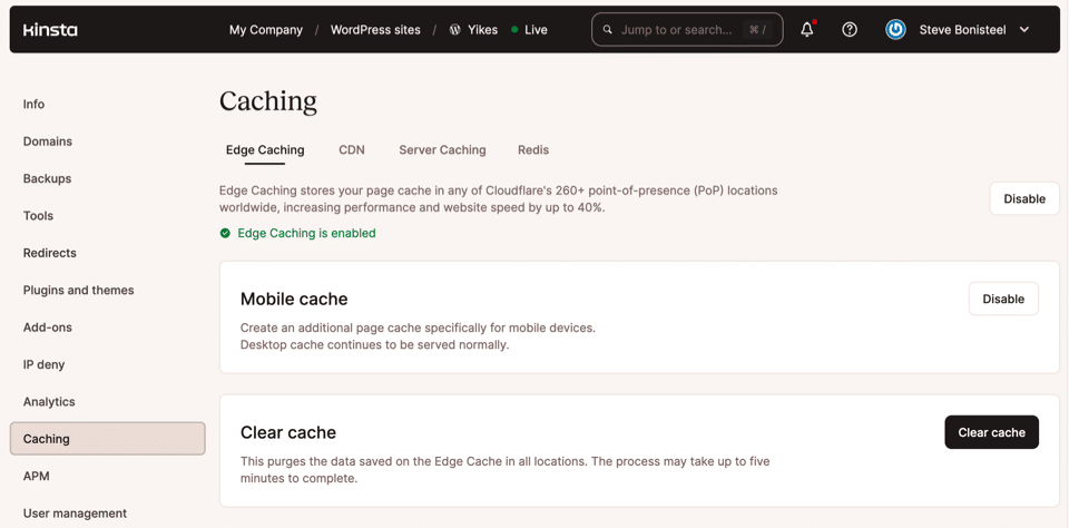 Contrôles du cache pour un site WordPress dans le tableau de bord MyKinsta.