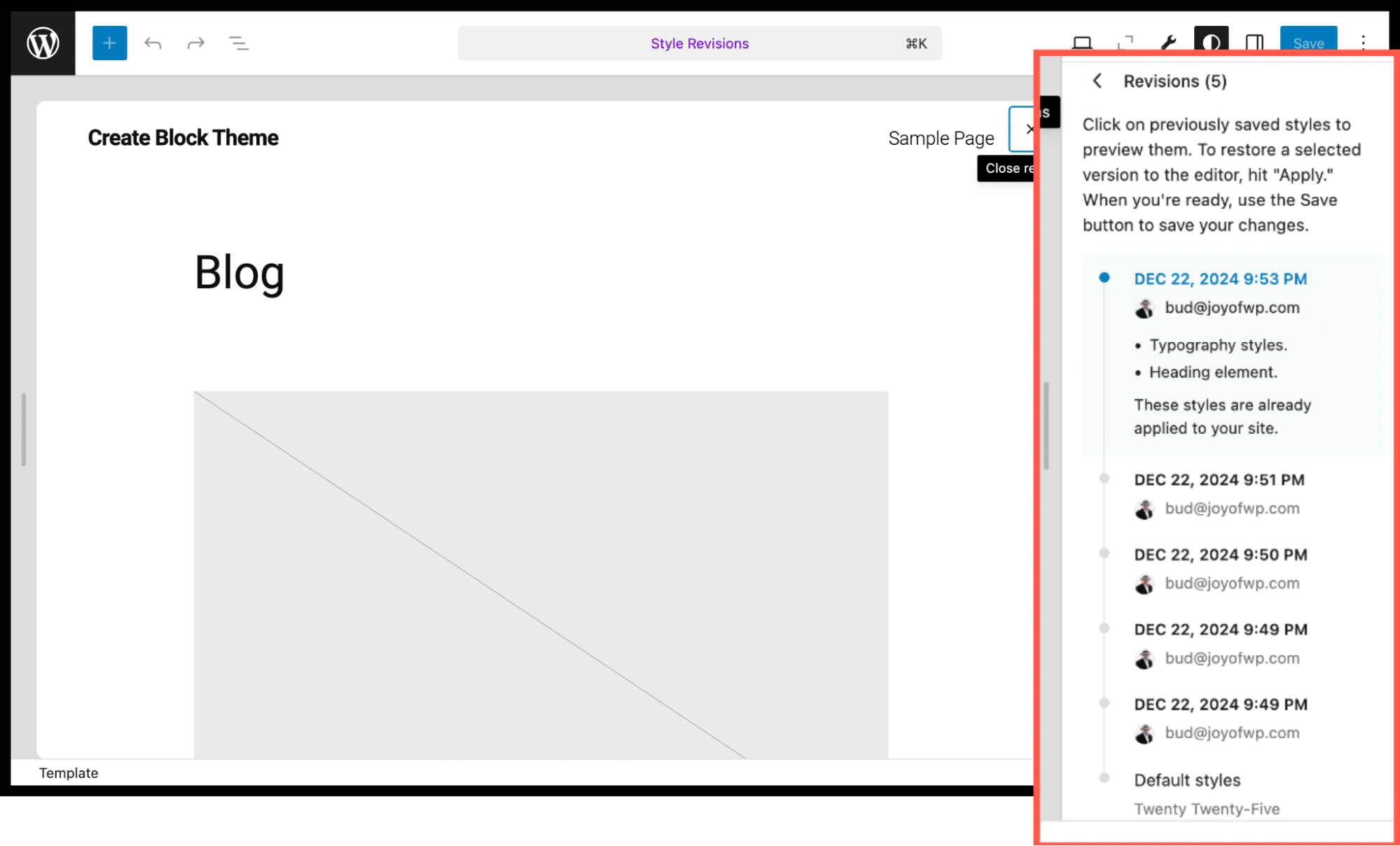 Fonction de révision de WordPress.