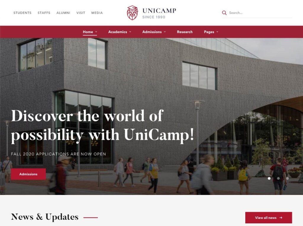 Eine der Startseiten für das UniCamp Bildungstheme