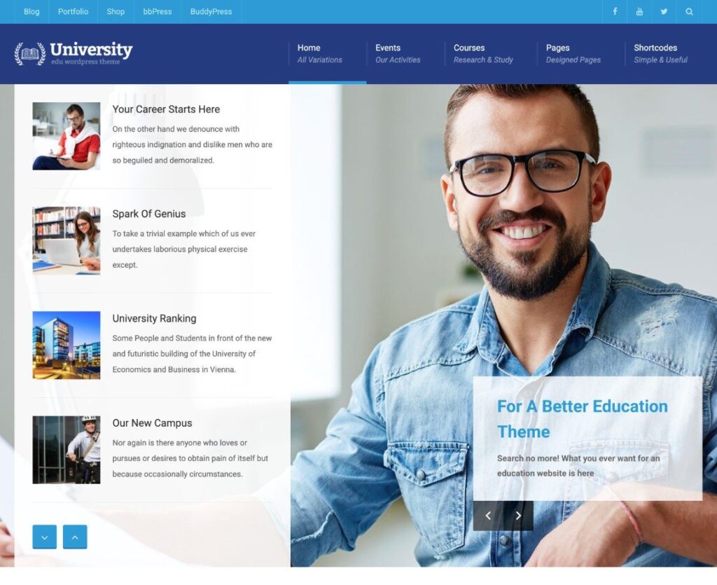 Eine der Startseiten für das WordPress-Theme University