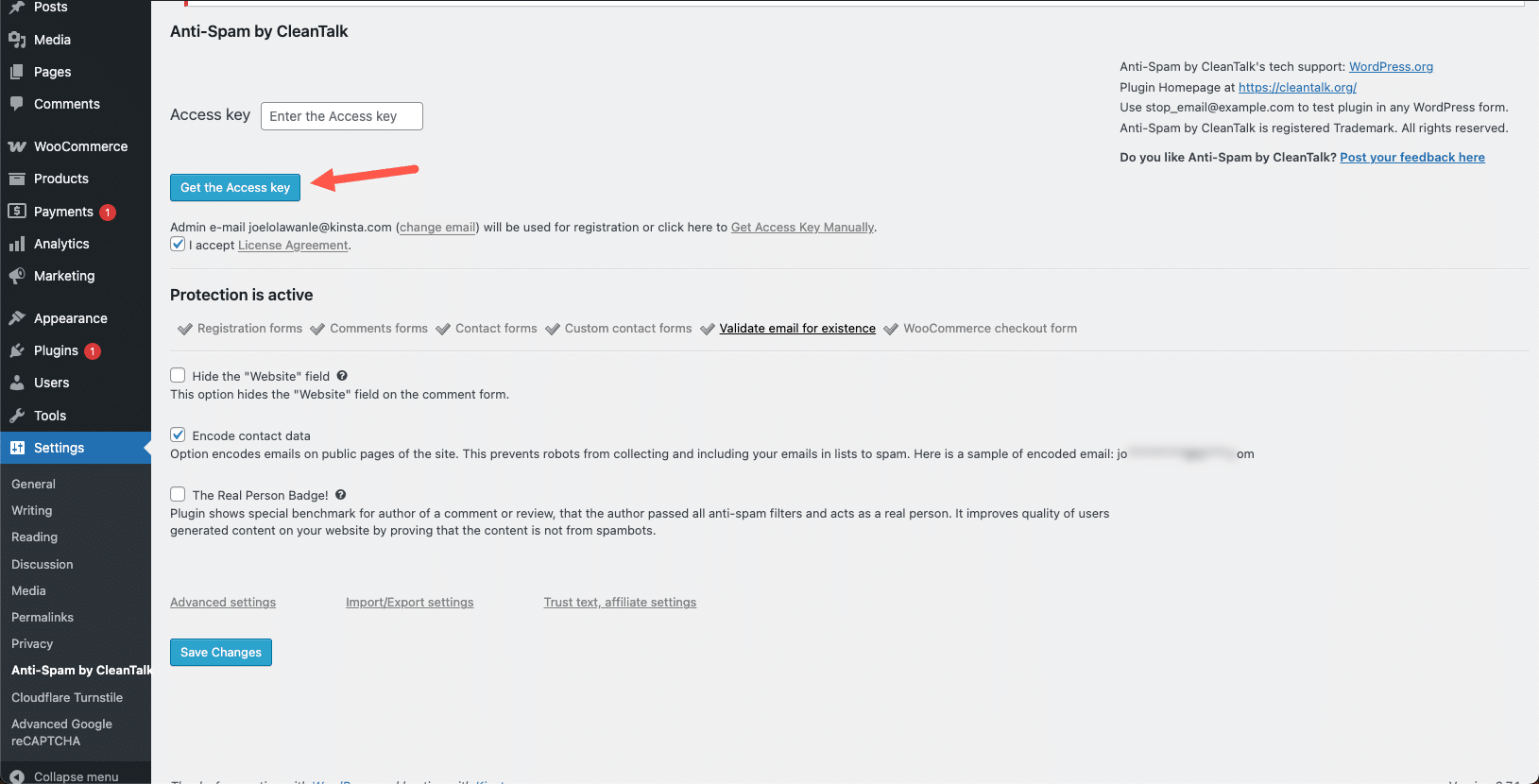 Inserindo a chave de acesso do CleanTalk para ativar a proteção contra spam.