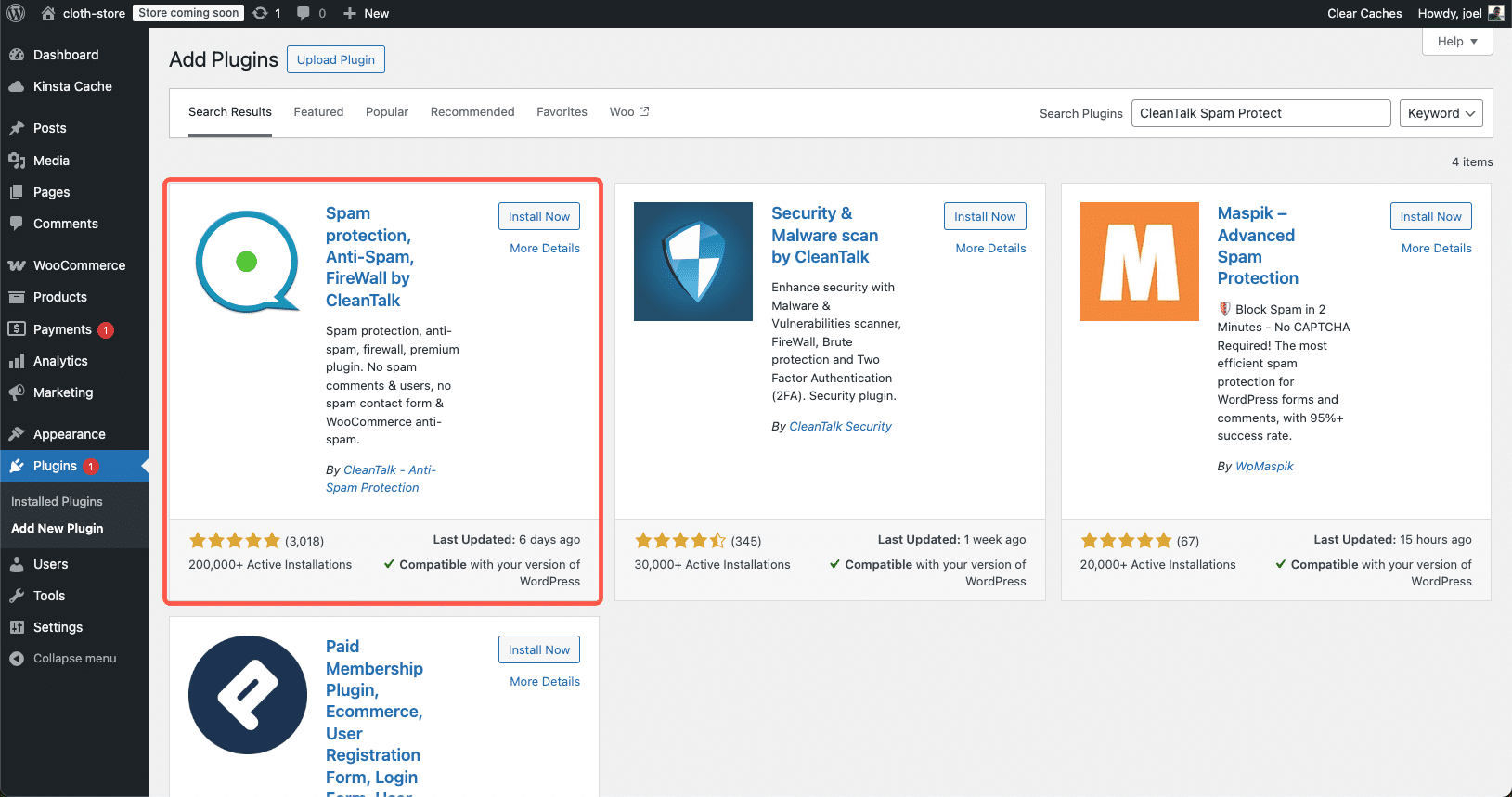 Instalando e configurando o CleanTalk Spam Protect para WooCommerce.