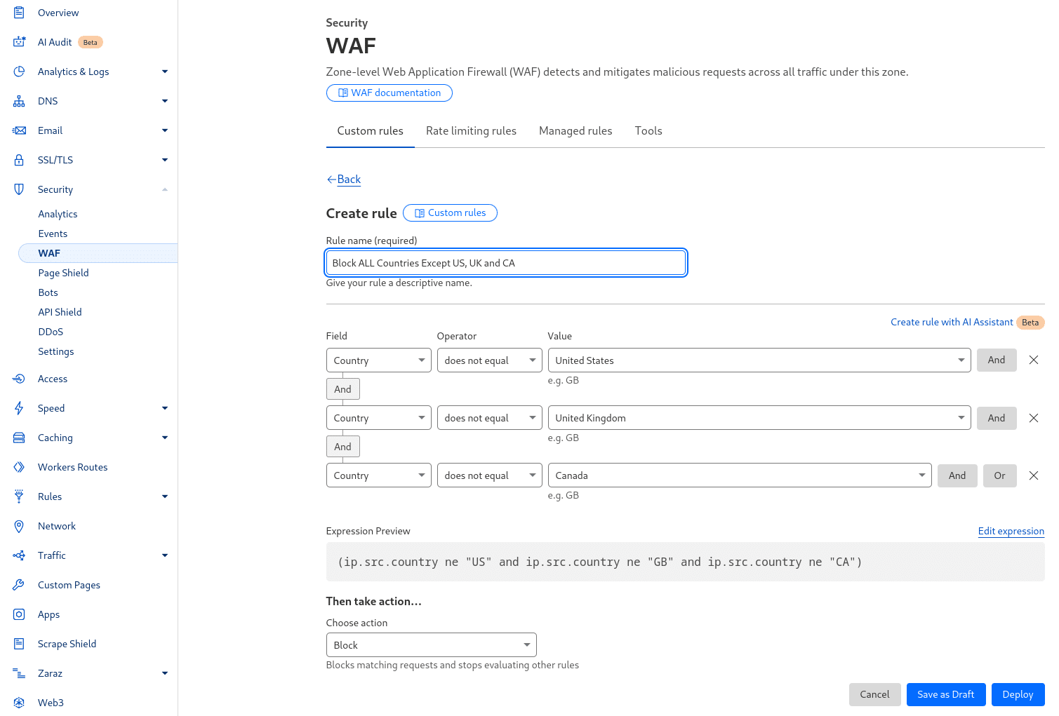 Bloqueando países de alto risco nas configurações do WAF do Cloudflare.