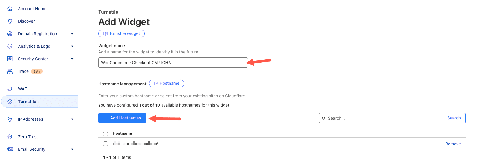 Nomeando o widget Cloudflare Turnstile e adicionando seu domínio.
