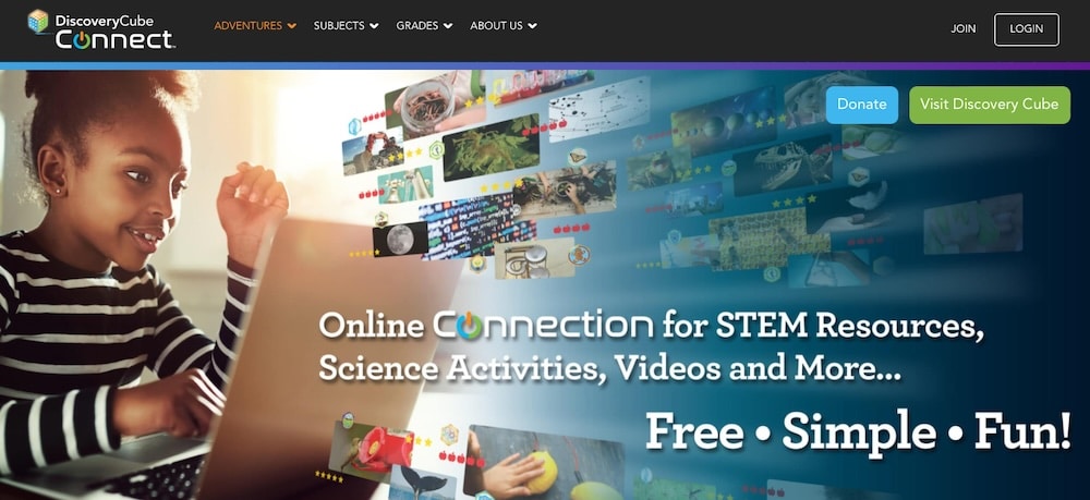 Een screenshot van de website van de Discovery Cube.