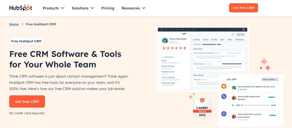Una captura de pantalla del sitio web de HubSpot CRM.