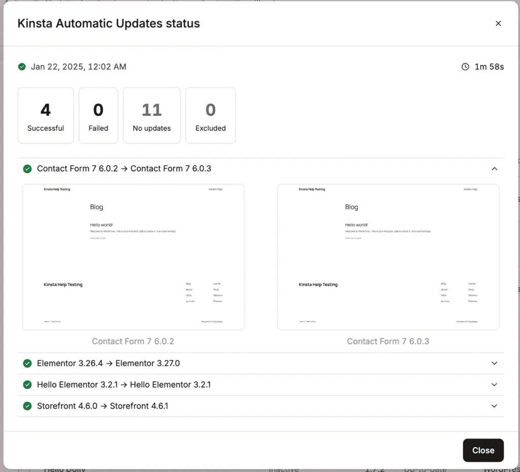 L'outil de mise à jour automatique de Kinsta.