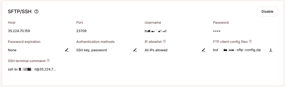 Visualiser et gérer les options SFTP/SSH et les informations d'identification dans MyKinsta.