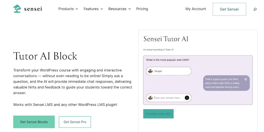 Una captura de pantalla que destaca el bloque Tutor AI en Sensei LMS.