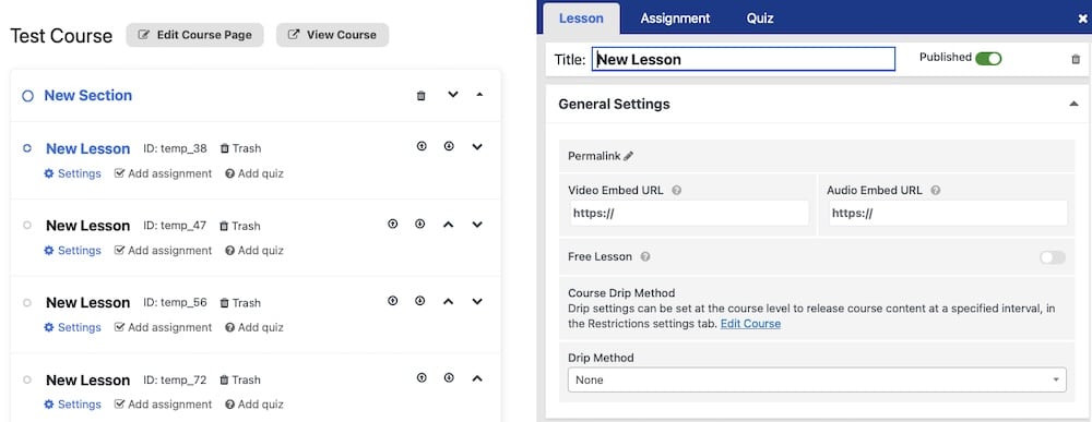 A imagem mostra a interface para adicionar uma nova lição no plugin LifterLMS para WordPress.