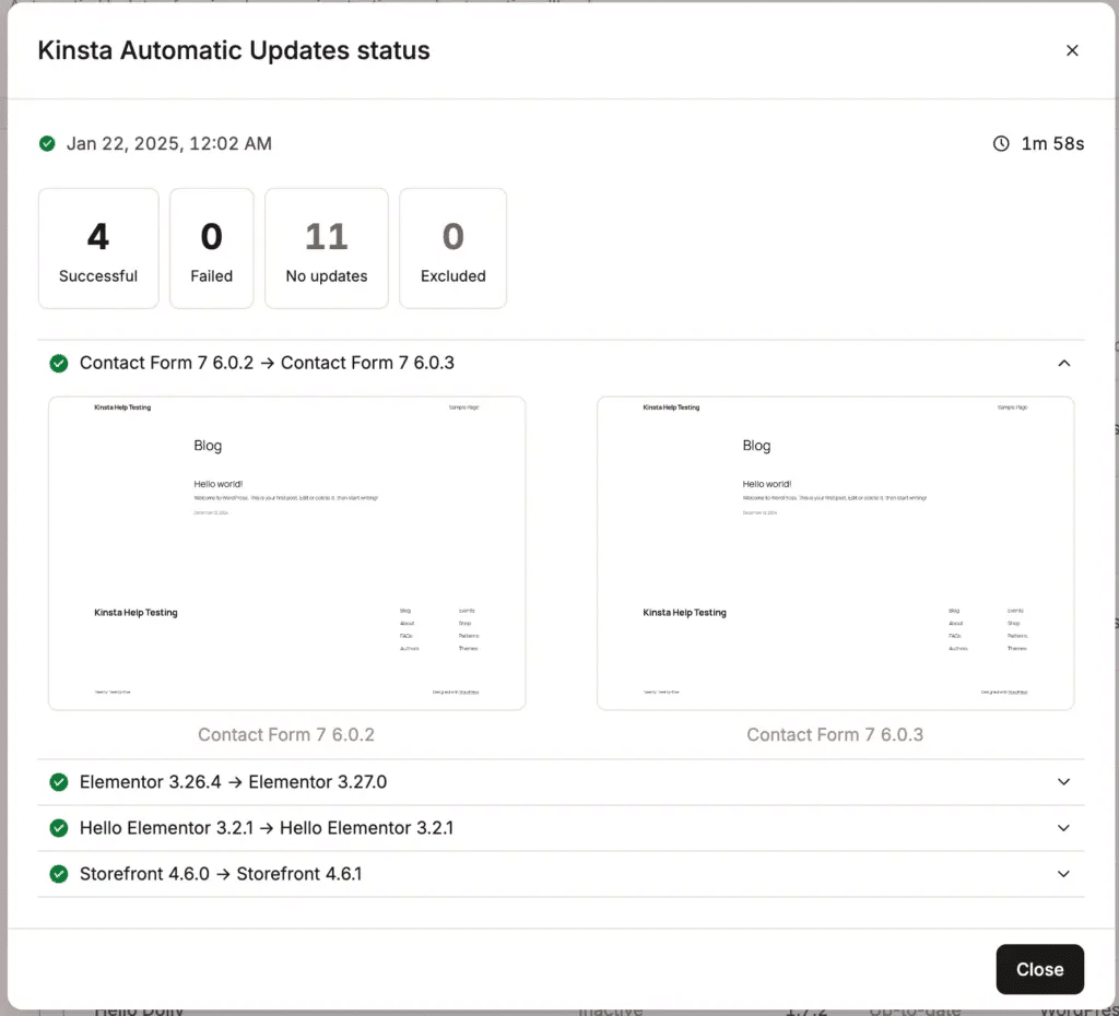 Kinsta Automatische Updates Statusseite