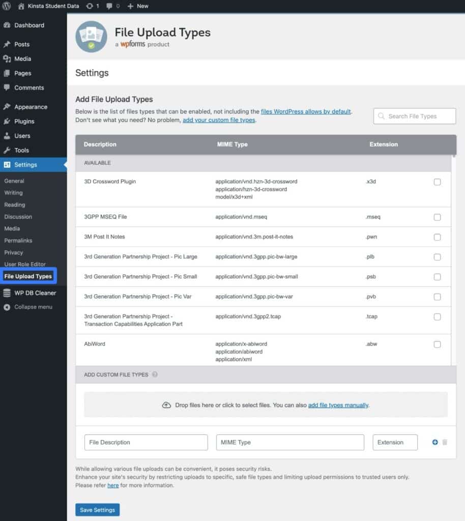 Comment utiliser l'extension File Upload Types pour limiter les types de fichiers.
