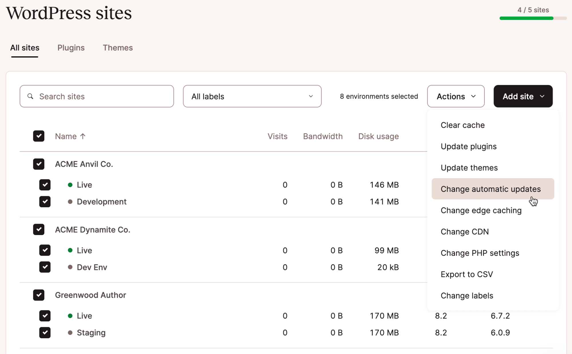 Screenshot showing a partial list of all WordPress environments in MyKinsta. The user is selecting an option from a drop-down menu.