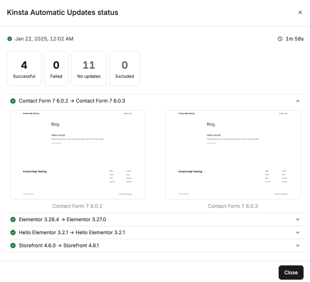The report of a plugin update, including the screenshots used for regression testing.