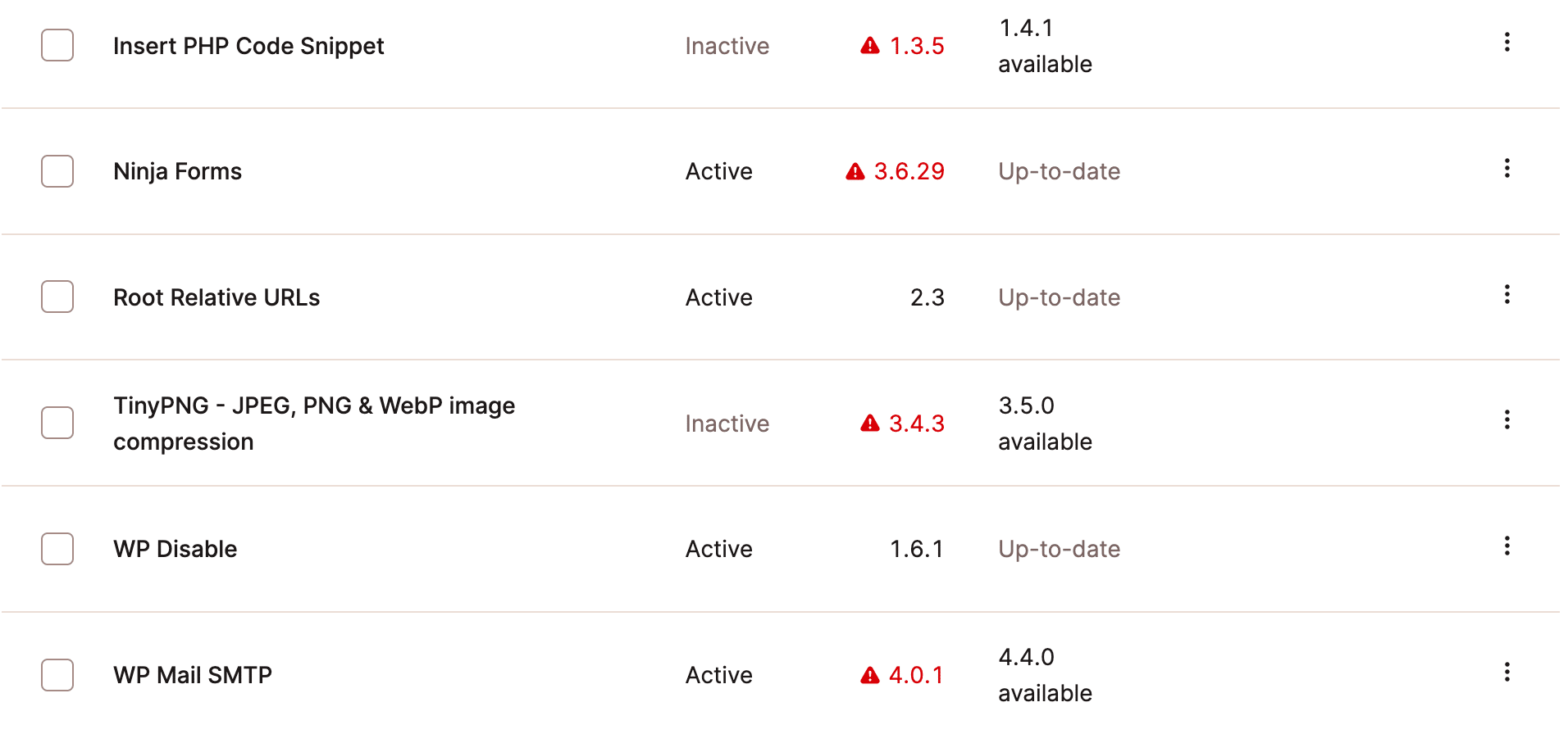 A screenshot showing website plugins in MyKinsta, with vulnerable instances highlighted in red.