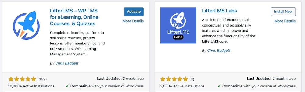 A imagem mostra o repositório de plugins do WordPress com as opções do LifterLMS.