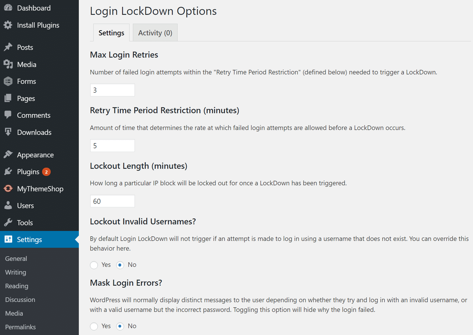 Login Lockdown & Protection-Einstellungen