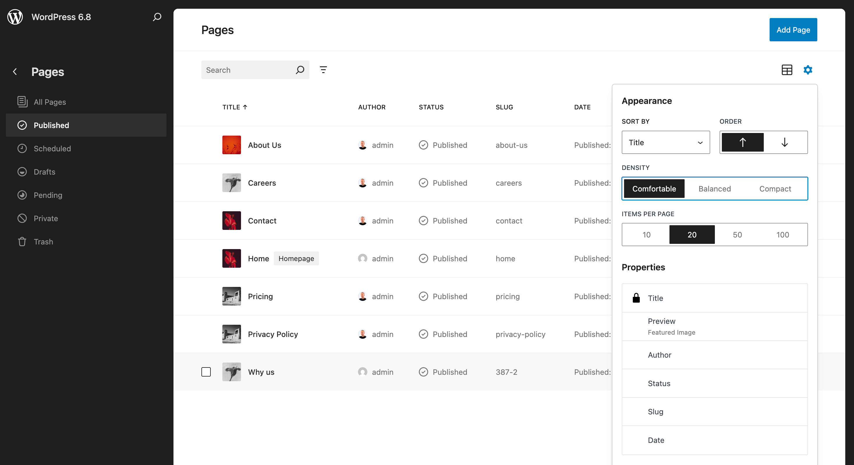 WordPress 6.8 führt eine neue Dichte-Steuerung in der Tabellenansicht ein