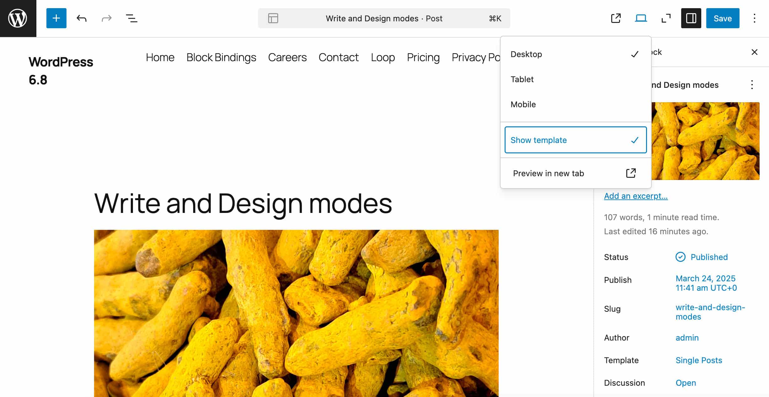 Option Vorlage anzeigen in WordPress 6-8 aktiviert