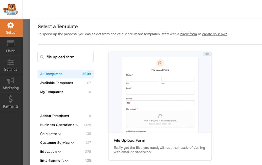 A imagem mostra a interface de criação de um formulário de upload de arquivos com o WPForms.