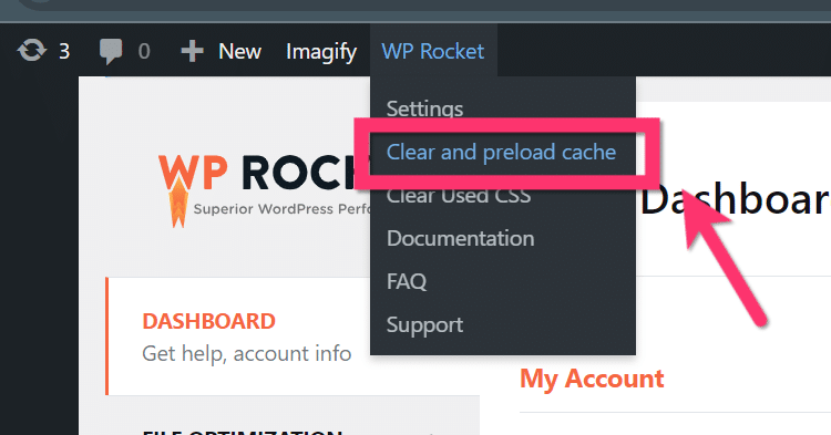 Menu do WP Rocket para limpar o cache do WordPress.