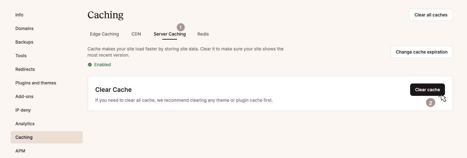 Mensagem ‘Concluído’ após limpar o cache do WordPress.