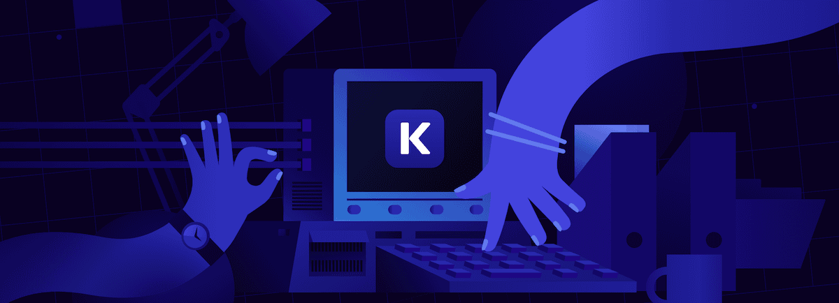 Uma ilustração digital estilizada em tons de azul retratando mãos utilizando um computador. Uma das mãos está digitando em um teclado, enquanto a outra aponta para um monitor que exibe a letra 