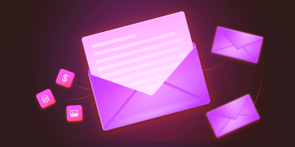 This is an illustration that represents WooCommerce order emails by showing an open envelope surrounded by icons portraying money, images, and mail.