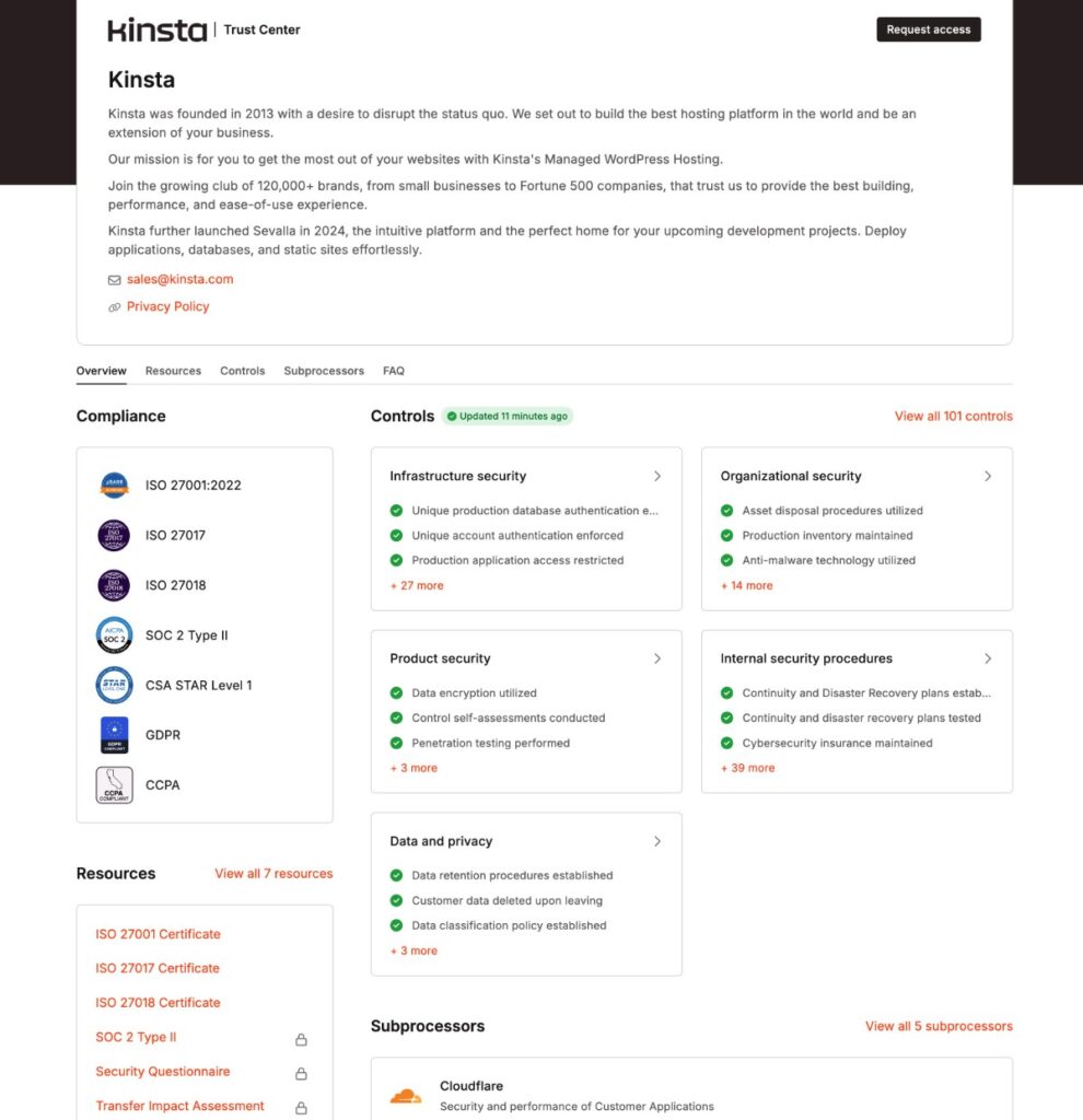 Le Trust Center de Kinsta fournit des informations sur son infrastructure et sa conformité.
