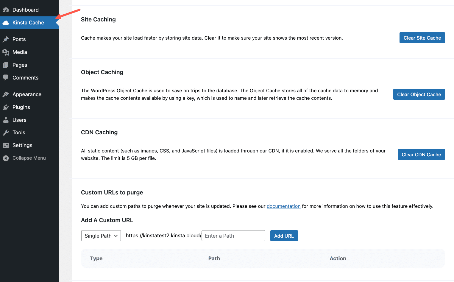 Mensagem da página de configurações do Cache da Kinsta.