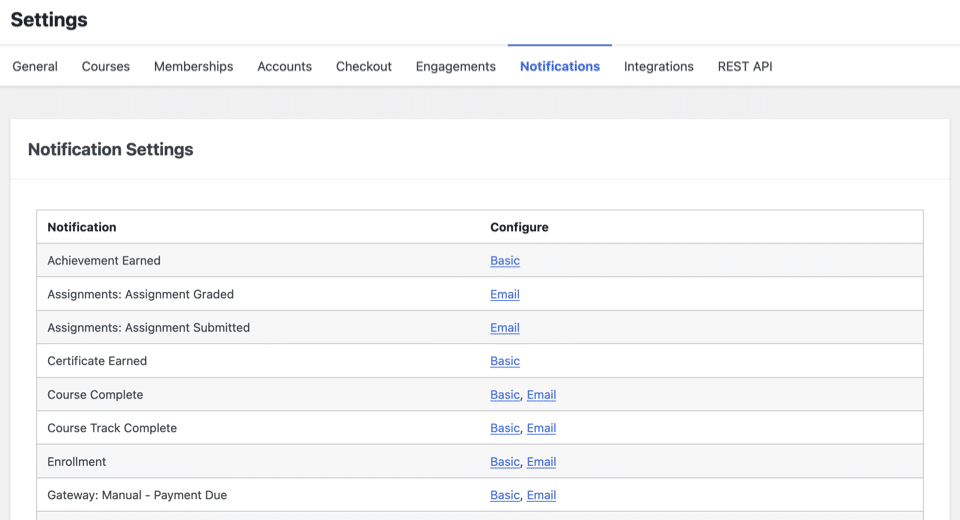 Captura de tela da interface de configuração de notificações no plugin LifterLMS para WordPress.