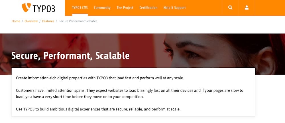 Uma captura de tela que mostra as declarações de segurança do TYPO3.