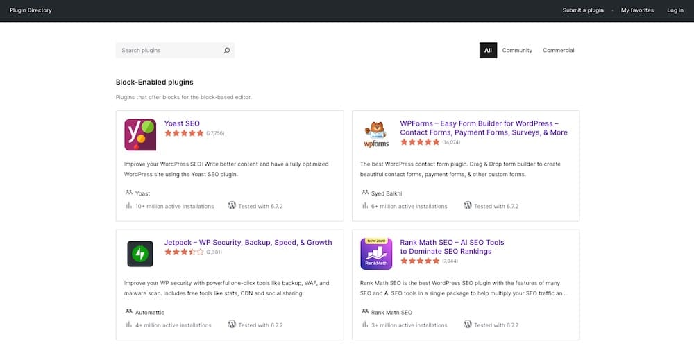 Uma captura de tela do repositório de plugins do WordPress.