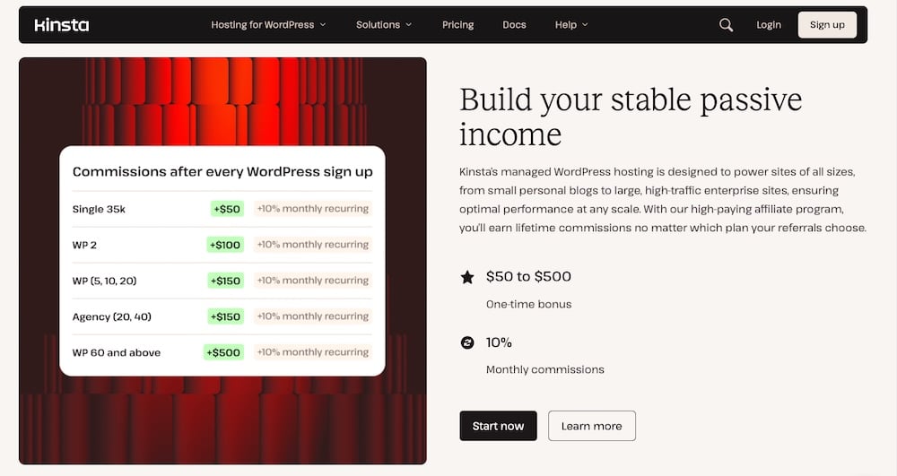 Kinsta affiliate program page for recurring revenue for agencies