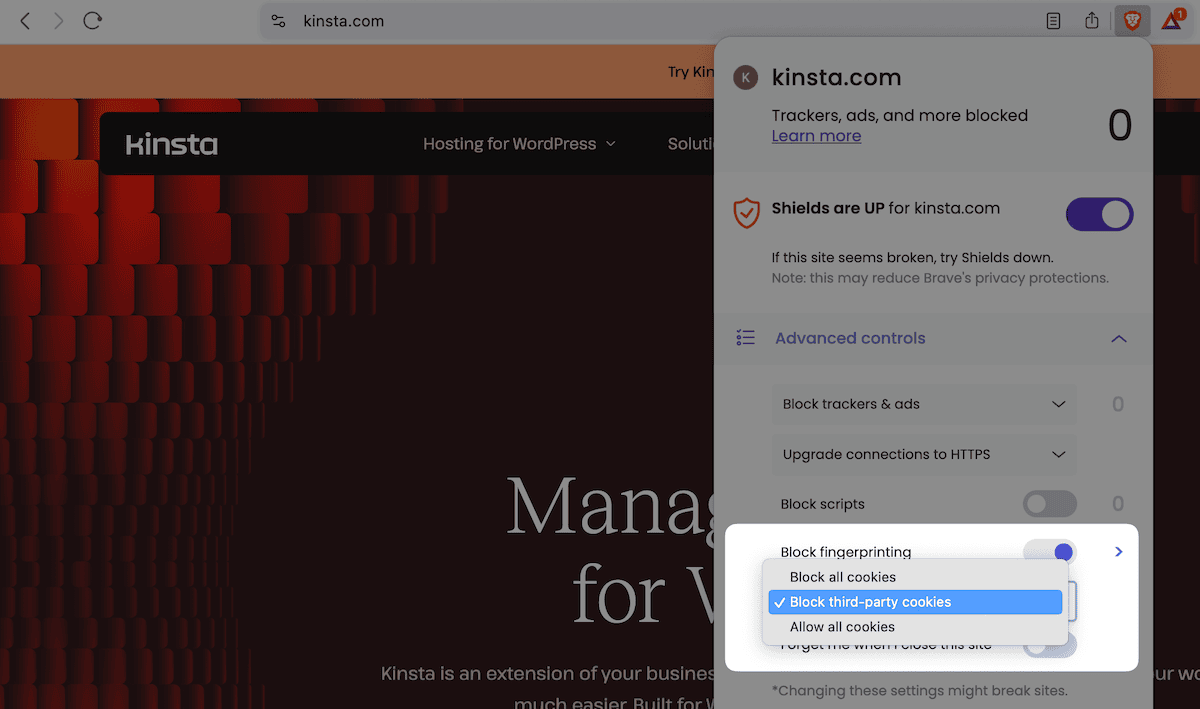 La pagina iniziale del sito web Kinsta con un popup Brave sulla privacy. Il popup mostra le opzioni di gestione dei cookie e altre impostazioni sulla privacy.