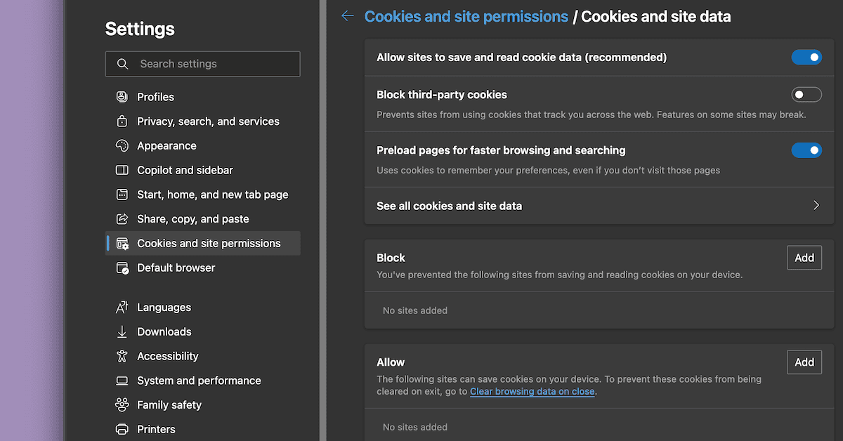 L'interfaccia dettagliata di Edge per le impostazioni dei cookie, con levette e spiegazioni.