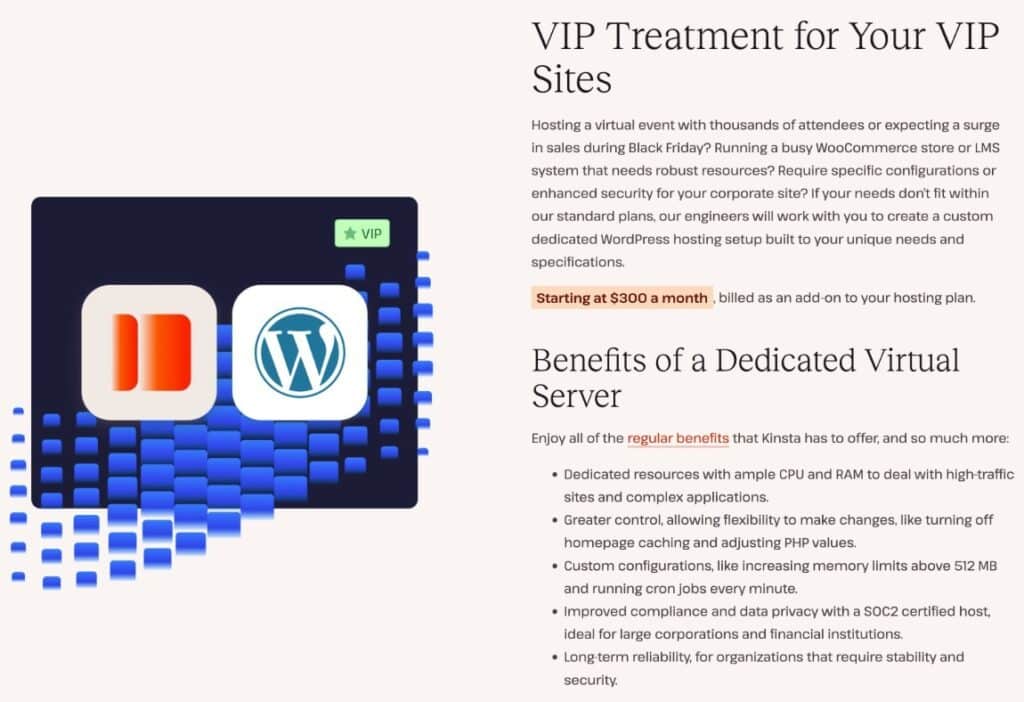 Eine Seite, die einige Vorteile des dedizierten WordPress-Hostings von Kinsta erklärt.