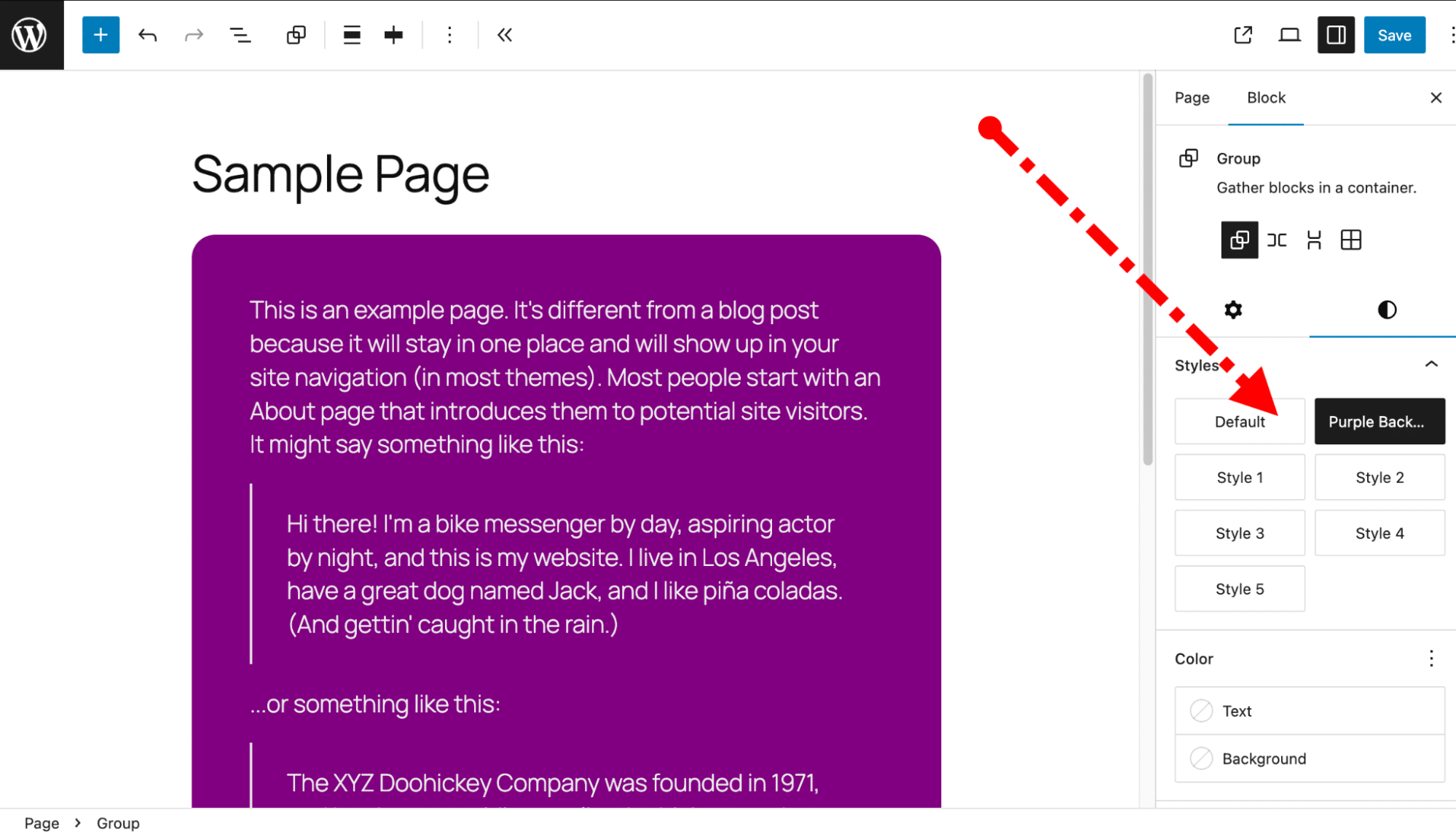 Group block using a custom style variation in the Site Editor.