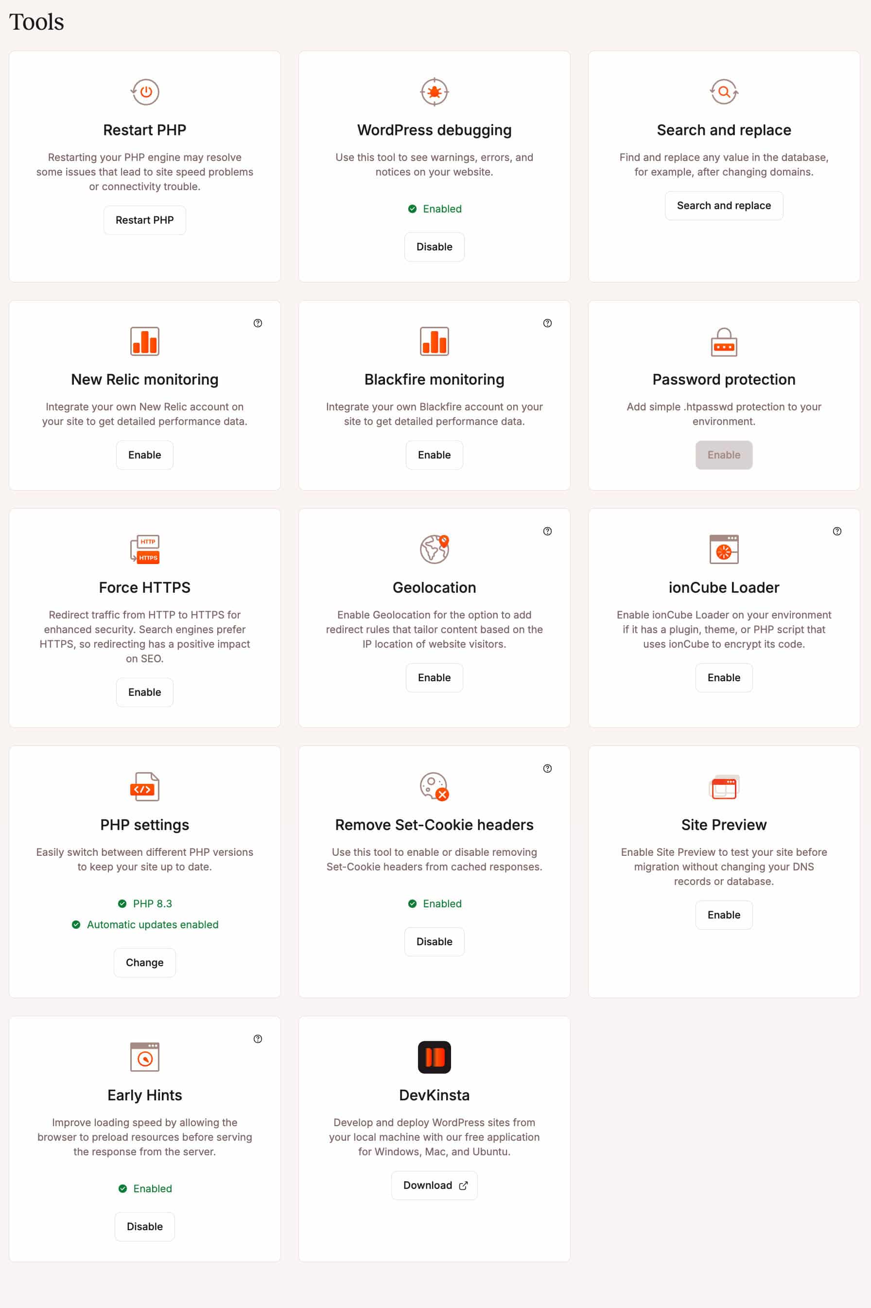 Additional tools available in MyKinsta