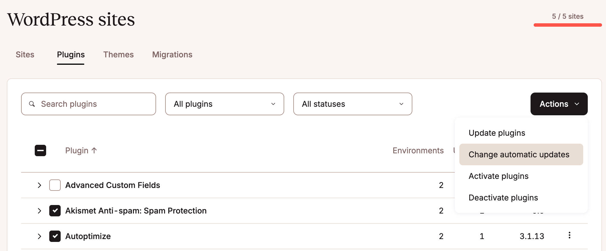 The Plugins tab lists all the installed plugins on all your WordPress sites.