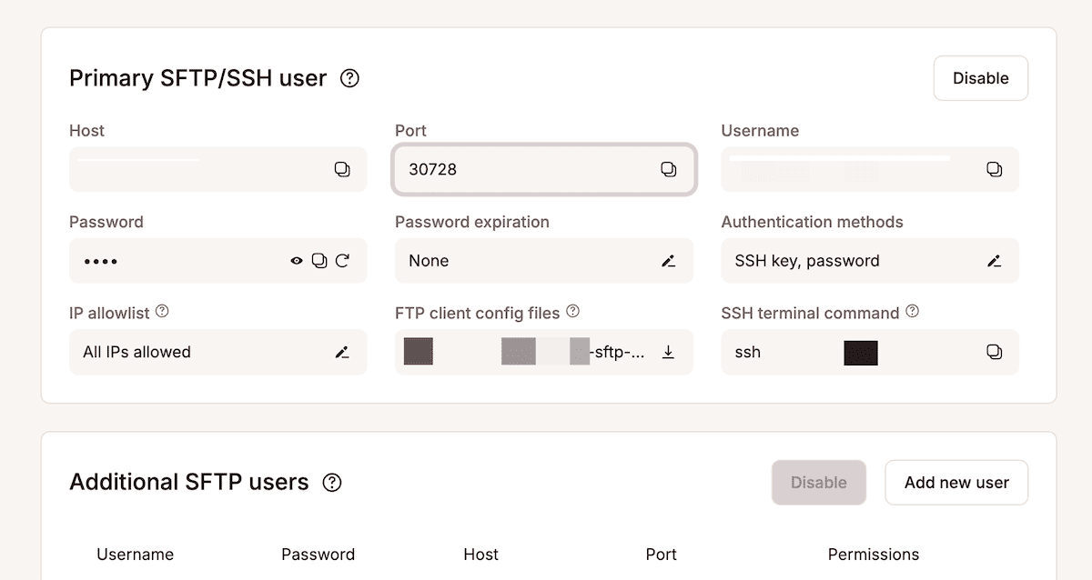 De MyKinsta Info-pagina met het gedeelte Primaire SFTP/SSH-gebruiker en opties om de juiste authenticatiemethoden in te stellen.