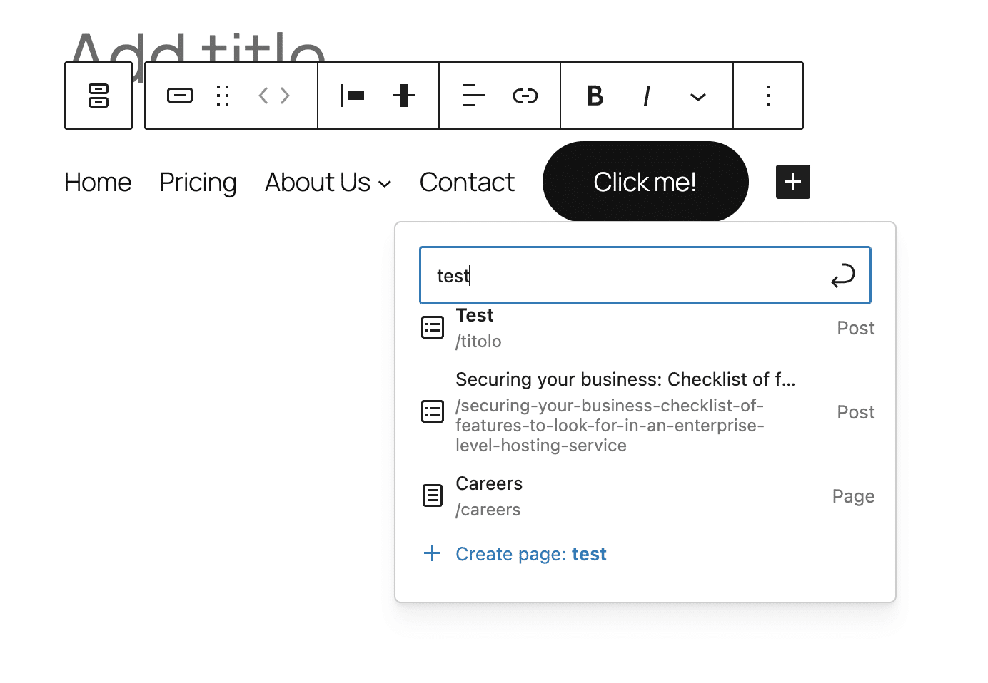 Create page command in the Button block's Link Ui