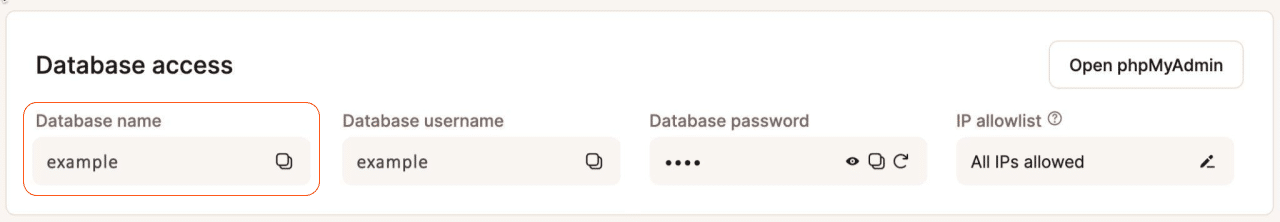 Uno screenshot della sezione Accesso al database di un ambiente di sito in MyKinsta.