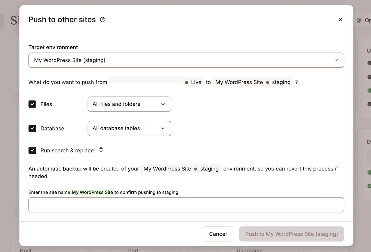 De MyKinsta Push to Live-interface met opties om bestanden te pushen, de database te pushen of een search and replace uit te voeren voor een omgeving.
