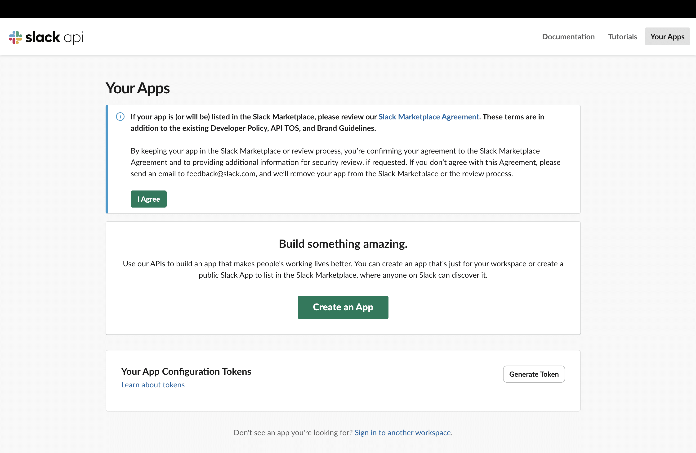 Slack API dashboard
