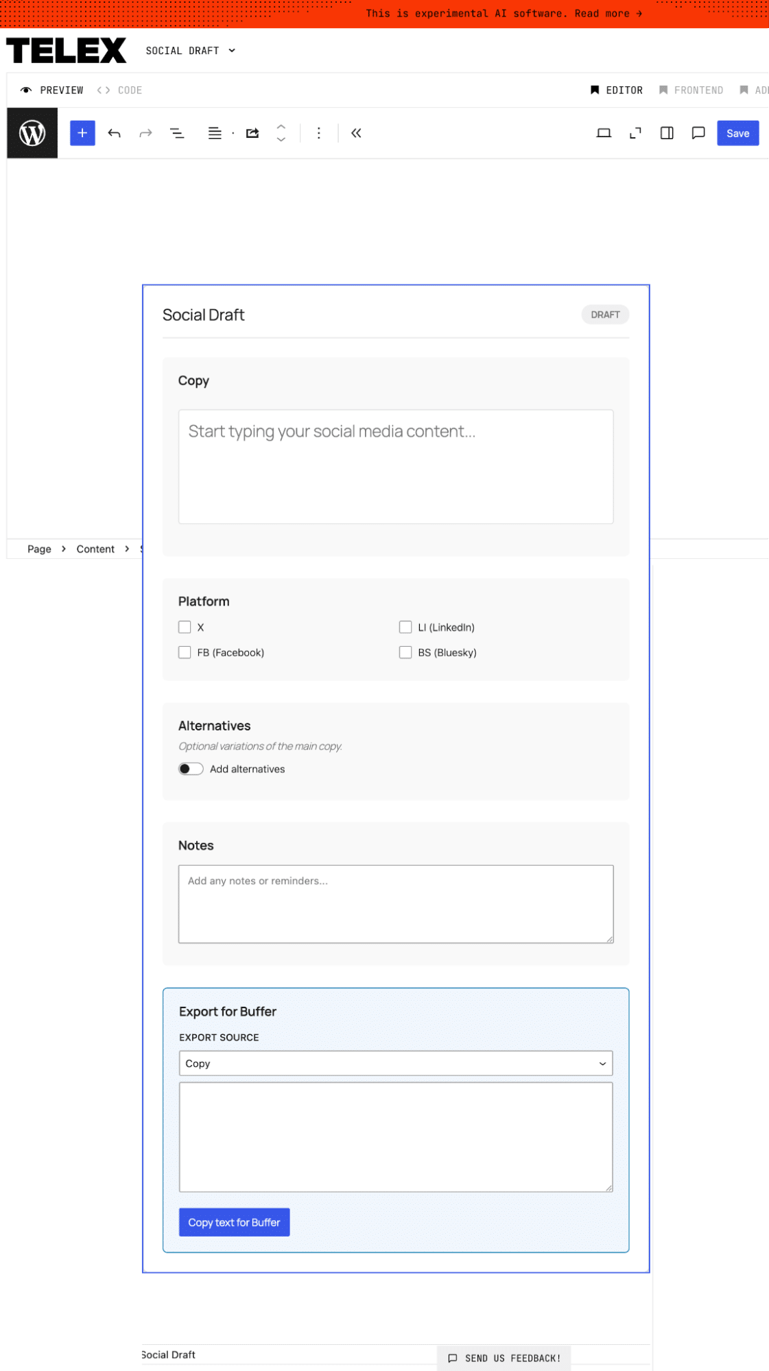 Social Draft Block, der einen erstellten Entwurf für einen Social-Media-Beitrag zeigt.