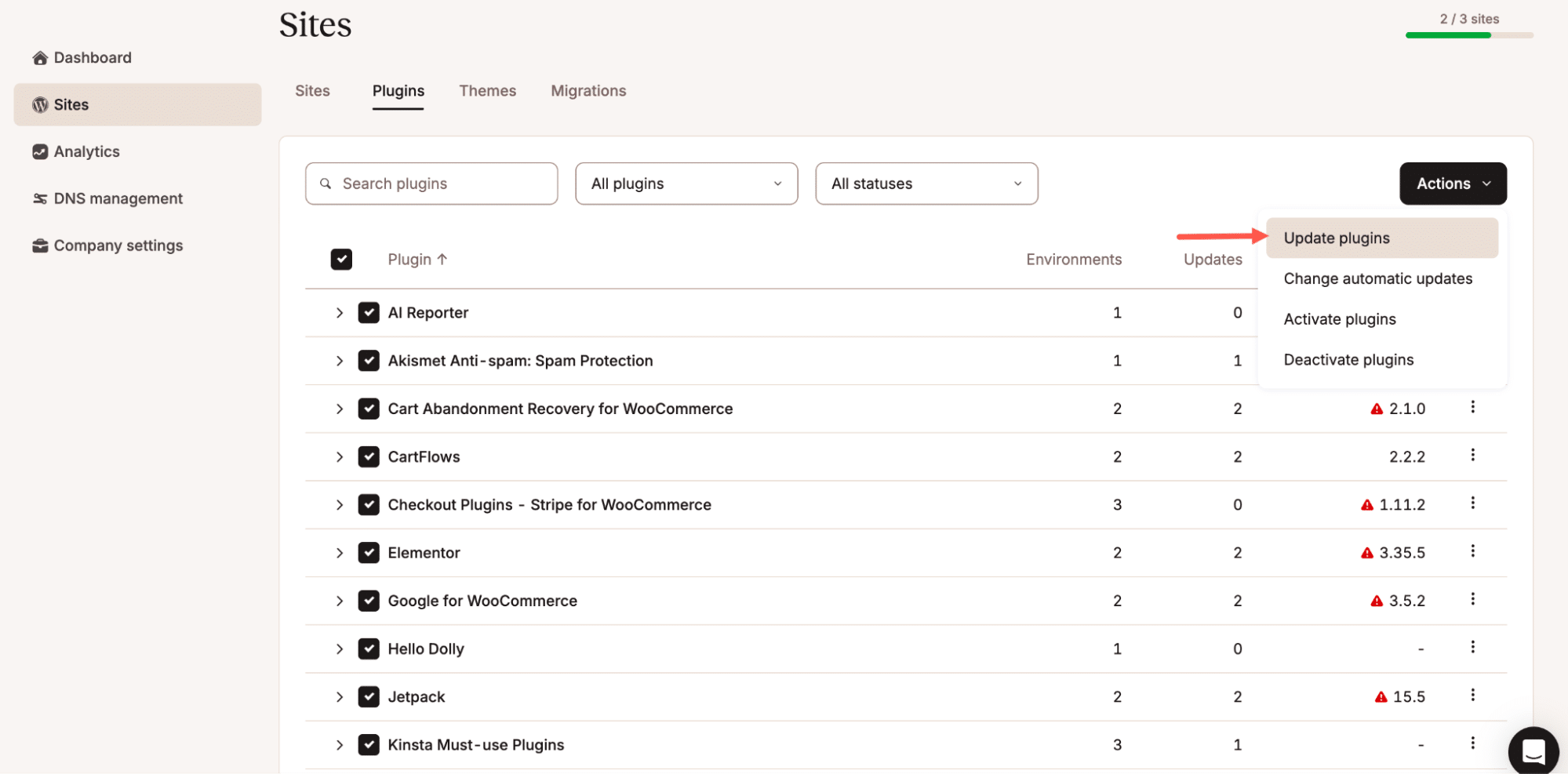 Bulk actie om plugins bij te werken in mykinsta.